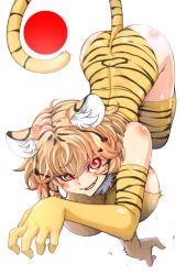 1girls all_fours bai_asuka bent_over big_ass big_breasts blush cleavage female huge_breasts large_breasts looking_at_viewer medium_hair original red_eyes solo tagme tiger_print