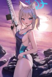 abydos_high_school_logo_(blue_archive) abydos_high_school_student blue_archive blue_eyes blue_halo blush dongji foreclosure_task_force_(blue_archive) gray_hair gun hair_ornament halo heterochromatic_pupils medium_breasts one-piece_swimsuit shiroko_(blue_archive) shiroko_(swimsuit)_(blue_archive) smile sunset swimsuit white_pupil wolf_ears x_hair_ornament