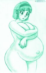 1girls belly belly_button big_belly big_breasts blyzzarde breasts bulma_briefs bulma_briefs_(frieza_saga) dragon_ball dragon_ball_z female female_only holding_breasts large_breasts monochrome navel outie_navel pregnant solo solo_female thick_thighs thighs wide_hips