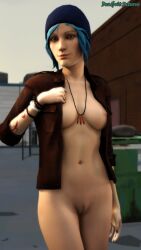 1girls 3d casual chloe_price deadboltreturns female female_only headwear human life_is_strange medium_breasts neckwear outerwear outside pale_skin shaved_pussy solo standing tagme wristwear