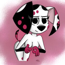 101_dalmatian_street 101_dalmatians breasts canine dalmatian disney eyelashes female female_only lewd_gesture looking_at_viewer penetration_gesture pksldgehammer_(artist) pussy sex_hand_signal tail vagina wisnia