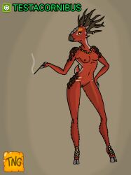 anthro antlers bottomwear cervid cigarette classy clothing doe_with_antlers dress elegant elegant_dress female fur gloves green_bottomwear green_clothing green_dress green_gloves green_handwear green_skirt handwear holding_cigarette holding_object horn horn_ring_(piercing) hybrid jewelry jurassic_park jurassic_world_alive mammal necklace nude orange_body orange_fur orange_scales scales skirt smoke smoking solo testacornibus the_nameless_guy universal_studios