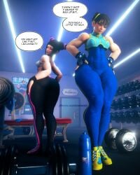 2girls 3d 3d_(artwork) abs ass big_ass capcom chun-li dialogue female female_only gym juri_han mikadawn muscle muscle_tone muscles muscular muscular_female six_pack speech_bubble street_fighter street_fighter_alpha street_fighter_v thick_thighs toned toned_female wide_hips