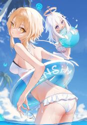 2girls ass beach bikini blonde_hair butt genshin_impact lumine_(genshin_impact) paimon_(genshin_impact) pattimon36 slime_(genshin_impact) swimwear twin wet