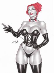 1girls 2019 big_breasts black_queen breasts carlos_braga dominatrix ed_benes_studio female female_only holding_object holding_riding_crop homo_superior jean_grey latex_bottomwear latex_thong marvel marvel_comics mutant red_hair red_lips riding_crop solo studded_collar telepath x-men