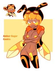 1boy amber_sugar_cookie beanie bee_antennae bee_wings blush brown_eyes choker closed_mouth cookie_run crossed_arms embarrassed femboy goggles goggles_on_head honeycomb jacket looking_at_viewer male_only marshii_lewds open_eyes orange_blush orange_hair orange_penis short_hair solo solo_femboy standing stockings tan tan_skin tanned tanned_skin thighhighs wings