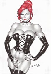 1girls 2017 big_breasts black_bridal_gauntlets black_choker black_queen breasts bridal_gauntlets carlos_braga choker covering_crotch dominatrix ed_benes_studio female female_only hair_bun hand_covering_pussy homo_superior jean_grey latex_corset latex_gloves marvel marvel_comics mound_of_venus mutant red_hair seductive_look solo studded_choker telepath x-men