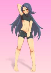 1boy akiyama_sosa black_hair bulge femboy grabbing_penis green_eyes light-skinned_male posing solo trap