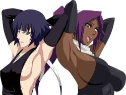 2girls armpit_fetish armpit_focus armpits arms_behind_head arms_up black_detached_sleeves black_eyes black_hair bleach breast_size_difference breasts chocolate_and_vanilla cropped dark-skinned_female dark_skin detached_sleeves female female_only high_resolution large_breasts light-skinned light-skinned_female lime_(purple_haze) long_hair looking_at_viewer multiple_girls no_background open-mouth_smile open_mouth paid_reward ponytail presenting_armpit purple_hair shihakusho shihouin_yoruichi short_hair showing_armpits sideboob skin_difference small_breasts smile smooth_armpits soifon teacher_and_student third-party_edit tied_hair transparent_background unavailable_at_source upper_body upscaled waist_up yellow_eyes