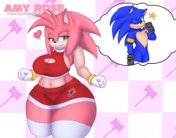 1boy 1girls amy_rose anthro belly_button blue_body boob_window breasts cleavage clothed clothing digital_media_(artwork) gloves green_eyes heart hedgehog looking_at_viewer love pink_body pink_hair red_clothing ring smile snowyblue sonic_(series) sonic_the_hedgehog sonic_the_hedgehog_(series) stars thick_ass thick_thighs thighhighs thunder_thighs two_tone_body video_game_character watermark