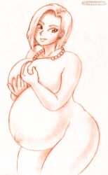 1girls android_18 belly belly_button big_belly big_breasts blyzzarde breasts dragon_ball dragon_ball_z earrings female female_only holding_breasts large_breasts monochrome navel necklace outie_navel pregnant solo solo_female wide_hips