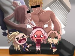 1boy 3girls ashamed big_head blank_eyes blonde_hair blush bra breasts censor_bar chibi cuddling duo duo_focus embarrassed female funny green_eyes heavy_blush identity_censor imagination imagining implied_sex ino_yamanaka laughing multicolored_hair multiple_girls naked naruto naruto_(series) naruto_shippuden original_character pink_hair ponytail pumiih red_face sakura_haruno shy sitting small_body steam steaming straight talking talking_to_another talking_to_partner tied_hair uzumaki_naruto whispering