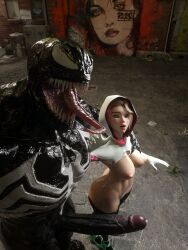 1boy 1girls 3d abs alley big_ass big_penis blonde breasts female gwen_stacy gwen_stacy_(spider-verse) huge_cock human ice-dev ice_dev icedev large_breasts long_penis long_tongue male marvel muscular_male sharp_teeth spider-gwen spider-man_(series) straight symbiote torn_clothing vein veiny_penis venom_(marvel)