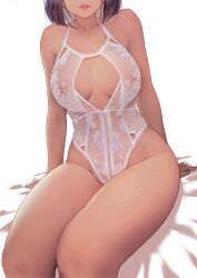 1girls cleavage cleavage_cutout han-0v0 head_out_of_frame large_breasts lingerie realistic short_hair sitting solo underwear white_background