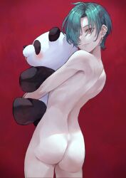 1girls ass back from_behind green_hair kaoming nude pale plushie red_background short_hair solo toy