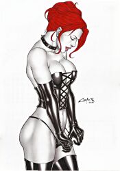 1girls 2016 big_breasts black_queen breasts carlos_braga dominatrix ed_benes_studio female female_only homo_superior horny jean_grey latex_corset latex_thong marvel marvel_comics mutant red_hair seductive_look solo spiked_collar telepath thong_pull x-men