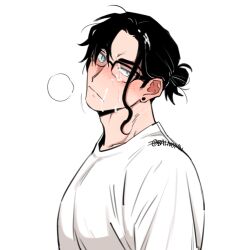 1boy balnom bangs black_hair blush breath cum ear_blush ear_piercing facial glasses grey_eyes hair_bun head_tilt implied_yaoi looking_at_viewer male_focus nose_blush original pectorals piercing shirt short_hair sideburns solo swept_bangs upper_body white_shirt