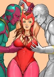 1girls 2boys arm_grab armpits arms_behind_head arms_up bare_arms big_breasts blush breasts cleavage female green_eyes groping_breasts headgear headwear imminent_sex imminent_threesome leotard light-skinned_female light_skin lips male marvel marvel_cinematic_universe marvel_comics pantyhose red_leotard scarlet_witch thick_thighs tora_tora vision wanda_maximoff wandavision white_vision wide_hips