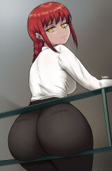 1girls ass ass_focus big_ass big_butt braided_hair breasts chainsaw_man dako dakosito dat_ass eye_contact female female_only huge_ass long_hair looking_at_viewer looking_back makima_(chainsaw_man) pants pantylines red_hair solo thick_ass thick_thighs tight_pants yellow_eyes