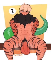 ? abs animal_humanoid anthro balls bedroom_eyes big_balls big_penis black_mane black_stripes blep blonde_hair blush blush_lines body_hair border chest_hair felid felid_humanoid foreskin genitals green_body green_scales hair half-closed_eyes hi_res huge_balls huge_cock humanoid inviting looking_at_viewer male male_only mammal mammal_humanoid mane muscle_tone muscular muscular_humanoid muscular_male musk musk_clouds narrowed_eyes pantherine pantherine_humanoid pecs penis pubes scales seductive simple_background sitting solo spread_legs spreading striped_body striped_skin stripes tail tiger_humanoid tongue tongue_out white_border wonderslug_(artist) yellow_background