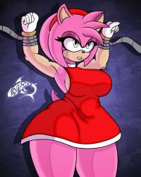 abstract_background amy_rose angry anthro armpits artist_logo artist_signature bondage captured eyelashes female furry green_eyes headband hedgehog large_breasts open_mouth renegade-157 restrained robotic_tentacles solo sonic_(series) thick_thighs