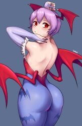 1girls armwear ass big_ass blush breasts butt clothing dako dakosito darkstalkers demon demon_girl eye_contact fat_ass fellatio female female_only flat_chest leotard lilith_aensland looking_at_viewer pink_hair red_eyes short_hair small_breasts solo standing succubus thick_ass thick_thighs thighs wings