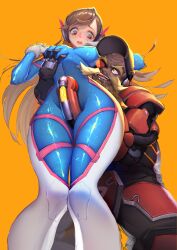 1boy 1boy1girl 1girls age_difference between_legs blizzard_entertainment bodysuit breast_grab d.va female groping han-0v0 long_hair male male/female orange_background overwatch shiny_clothes tongue_out torbjörn