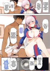 1boy 1girls big_breasts big_penis bikini black_hair blue_eyes blush breasts bulge_through_clothing cheating_girlfriend clothed_female dark-skinned_male english_text eyeless_male fate/grand_order fate_(series) hair_ornament hand_on_penis huge_cock huge_penis imminent_sex legs_crossed marushin marushin_(denwa0214) miyamoto_musashi_(fate) miyamoto_musashi_(swimsuit_berserker) muscles muscular_male netorare ntr pale-skinned_female purple_hair recording sitting_on_bed speech_bubble swimsuits thick_arms thick_legs towel_around_waist voluptuous