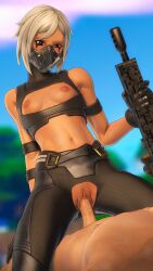 3d 3d_(artwork) clothed_sex corpsfm cowgirl_position dark_skin exposed_breasts firearm fortnite gun hush_(fortnite) masked_female outdoor_sex outdoors sex small_breasts torn_clothes torn_legwear vaginal_penetration white_hair