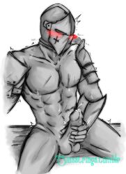 1boy blush helmet male_only masturbation muscular_male pauldrons precum warden_(for_honor)