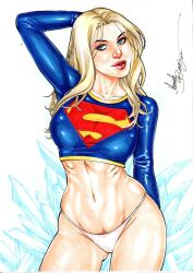 1girls big_breasts black_eyebrows blonde_hair breasts curvaceous curvy_figure dc_comics ed_benes_studio hands_behind_head highleg highleg_thong justice_league kara_danvers long_hair mariah_benes seductive_eyes seductive_look seductive_smile solo_female solo_focus supergirl tagme thighs thong voluptuous voluptuous_female white_thong