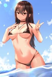 absurdres bangs bikini black_bikini black_choker breasts brown_hair choker clyde_s cross cross_necklace day eyebrows_behind_hair female hair_between_eyes highres jewelry large_breasts long_hair navel necklace solo stomach swimsuit wading water