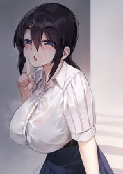 artist_request big_breasts black_hair blush bra_peek bra_visible_through_clothes breasts button_gap cleavage fangs female gao-lukchup huge_breasts looking_at_viewer purple_eyes thin_waist wet_clothes wide_hips