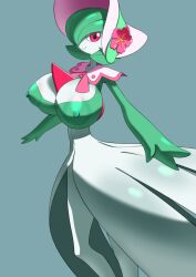 1girls 2022 absurd_res anthro areola_slip areolae blue_background bob_cut bonnet capelet cleavage clothing dress fashionable_style_gardevoir female female_only flower gardevoir green_hair grey_body hair_over_one_eye hat hat_flower highres huge_breasts ika_daishogun looking_at_viewer multicolored_body nintendo nipple_bulge pokémon_(species) pokemon pokemon_(species) pokemon_unite red_eyes red_flower revealing_clothes short_hair simple_background skin_tight smile solo spikes standing tight_clothing two_tone_body white_body