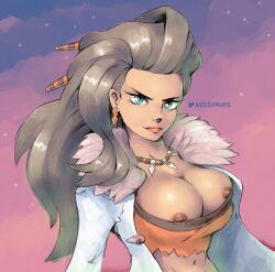 1girls alternate_breast_size breasts cleavage dark-skinned_female dark_skin female labcoat large_breasts long_hair missfaves nipple_slip nipples pokemon pokemon_professor pokemon_sv professor_sada_(pokemon)