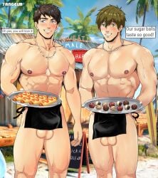 2boys 7angelm abs apron_only balls balls_out bara bara_tiddies bara_tits big_pecs black_apron black_hair blush blushing candy dangling_testicles erect_nipples erection erection_under_apron erection_under_clothes exposed exposed_balls feet_out_of_frame food food_fetish free! gay gay_denial grinning human human_only light-skinned_male light_skin looking_at_viewer low_hanging_balls low_hanging_testicles male male_focus male_only mostly_nude_male muscles muscular muscular_male naked_male necklace nervous_smile nipples offering_food outdoors outside pecs pectorals restaurant revealing revealing_clothes sausage serving_food serving_tray silver_necklace smile smiling smiling_at_viewer sweets tachibana_makoto teeth teeth_showing thighs unaware veiny_arms waiter waiter_tray yamazaki_sousuke