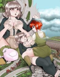 bra breasts danganronpa danganronpa_2:_goodbye_despair giantess groping groping_breasts koizumi_mahiru large_breasts nanami_chiaki open_clothes skinnychimp straight_hair yuri