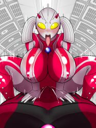 1boy ahe_gao areolae big_breasts blush breasts cheating cowgirl_position female giantess huge_breasts large_breasts milf mother_of_ultra nipples sex thick_thighs tongue_out ubikitas ultraman_(franchise) ultraman_belial vaginal_penetration voluptuous wide_hips