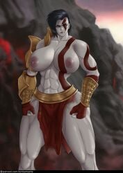 1girls abs areolae black_hair bodypaint breasts erect_nipples female female_only fingerless_gloves fit_female genderbend genderbent genderswap god_of_war huge_breasts kinkamashe kratos kratos_(female) loincloth looking_at_viewer muscular muscular_female nipples rule_63 topless unconvincing_armor