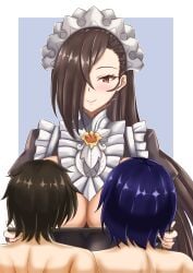 1girls alternate_costume breast_feeding breast_sucking breasts breasts_out brown_eyes brown_hair double_breast_sucking female female_focus fire_emblem fire_emblem_fates fire_emblem_heroes hair_over_one_eye halloween halloween_costume huge_breasts kagero_(fire_emblem) kagero_(halloween)_(fire_emblem) lactation long_hair maid nintendo nipples official_alternate_costume plate ponytail presenting presenting_breasts shinonome_kon_(sino_kon) smile solo_focus tray very_long_hair