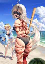 2girls ahoge arms_behind_back artist_name asymmetrical_legwear ball_gag bangs bdsm beach bikini black_bikini blindfold blonde_hair blue_eyes bondage bound braided_ponytail cleavage closed_mouth collar day eyebrows_visible_through_hair fate/grand_order fate_(series) gag gagged grey_hair hair_between_eyes hair_scrunchie haneru harness_ball_gag innertube jeanne_alter jeanne_alter_(swimsuit_berserker) jeanne_d'arc_(fate) leash long_hair multiple_girls o-ring o-ring_bikini outdoors outside red_legwear rope rope_bondage scrunchie shibari skindentation smile thighhighs very_long_hair watermelon