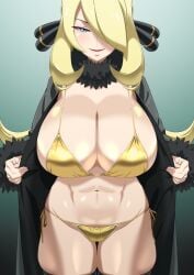 1girls 2022 abs absurd_res alternate_breast_size bikini black_jacket blonde_hair blue_eyes breasts cleavage collar cynthia_(pokemon) female female_only fur-trimmed_jacket fur_collar fur_trim gold_bikini golden_bikini gradient_background hair_ornament hair_over_one_eye highres huge_breasts ika_daishogun jacket large_breasts long_hair looking_at_viewer mature_female navel nintendo open_clothes open_jacket open_mouth pokemon pokemon_dppt presenting seductive side-tie_bikini simple_background smile solo standing string_bikini swimsuit thigh_gap thighhighs thighs tongue yellow_bikini zettai_ryouiki