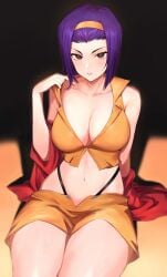 1girls belly belly_button breasts cowboy_bebop fat_thighs faye_valentine female hairband heels huge_breasts human large_breasts pale-skinned_female pale_skin panties purple_hair rororo short_hair tagme thick thick_thighs thighs