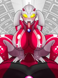 1boy ahe_gao areolae big_breasts blush breasts cheating cowgirl_position female giantess huge_breasts large_breasts milf mother_of_ultra nipples sex thick_thighs tongue_out ubikitas ultraman_(franchise) ultraman_belial vaginal_penetration voluptuous wide_hips