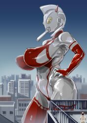 1girls artist_request ass big_ass big_breasts breasts city_background giantess large_breasts milf mother_of_ultra nipple_bulge nipples ultraman_(franchise) voluptuous wide_hips