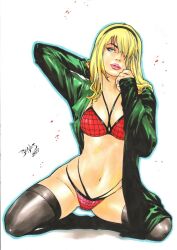 bangs bikini bikini_top black_stockings ed_benes ed_benes_studio female gwen_stacy gwen_stacy_(classic) hair_band hairband kneeling makeup marvel marvel_comics pale-skinned_female panties pink_lips web_lingerie