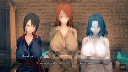 3girls alternate_breast_size blue_skin clothing decision elden_ring female female_only fromsoftware huge_breasts light-skinned_female malenia_blade_of_miquella pov qnl ranni_the_witch sorceress_sellen talking_to_viewer