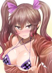 1girls arm_under_breasts bangs big_breasts bikini blush breasts brown_eyes brown_hair brown_jacket checkered_bikini checkered_clothes cleavage collarbone commentary eyebrows_visible_through_hair female gradient gradient_background gradient_hair hair_between_eyes hair_ribbon hatate_himekaidou jacket large_breasts long_hair looking_at_viewer multicolored_hair open_clothes open_jacket pink_hair pointy_ears purple_ribbon redrawn ribbon selfie simple_background solo string_bikini swimsuit tagme touhou twintails upper_body w y2 yellow_background