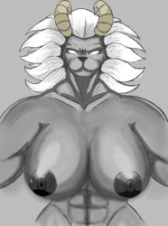 angry anthro areolae big_breasts breasts completely_nude female female_only genderswap_(mtf) grey_fur horns huge_breasts long_hair lynel lynel_female muscular_female rule_63