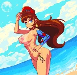 beach blue_eyes breasts brown_hair cap cappy_(mario) clouds earrings keychain mario_(series) milotic moon nipples noscium nude_female pauline pierced_belly_button pixel_art pokemon princess_peach sky super_mario_odyssey tan_lines thighs water